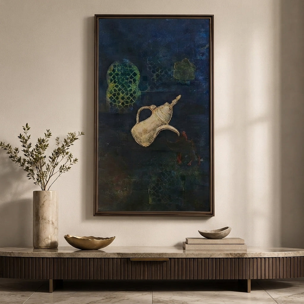 160 x 90 cm handmade dallah painting with sand-relief outline on midnight canvas, hung on a white wall in a Dubai villa