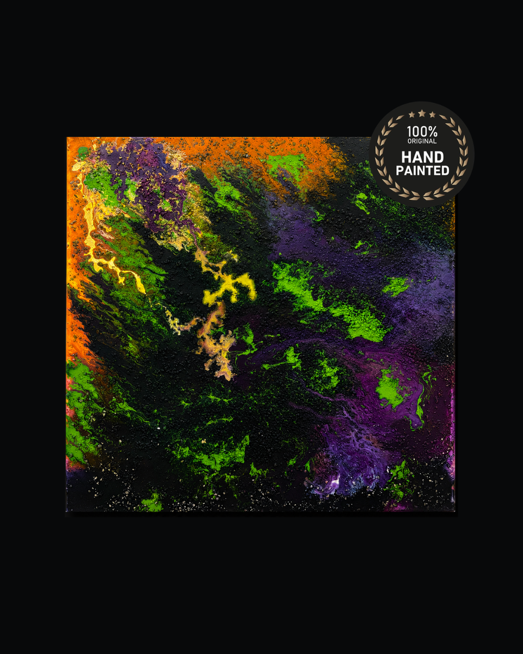 Handmade nature-inspired abstract painting with emerald green and gold texture, luxury wall art