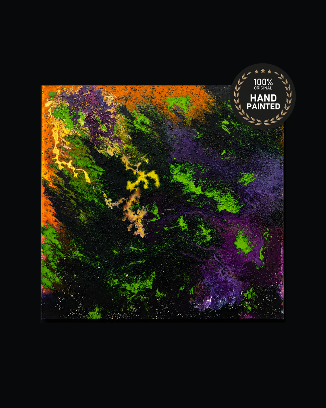 Handmade nature-inspired abstract painting with emerald green and gold texture, luxury wall art