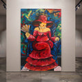 Handmade pop art woman portrait painting in red dress and hat, oversized oil on canvas