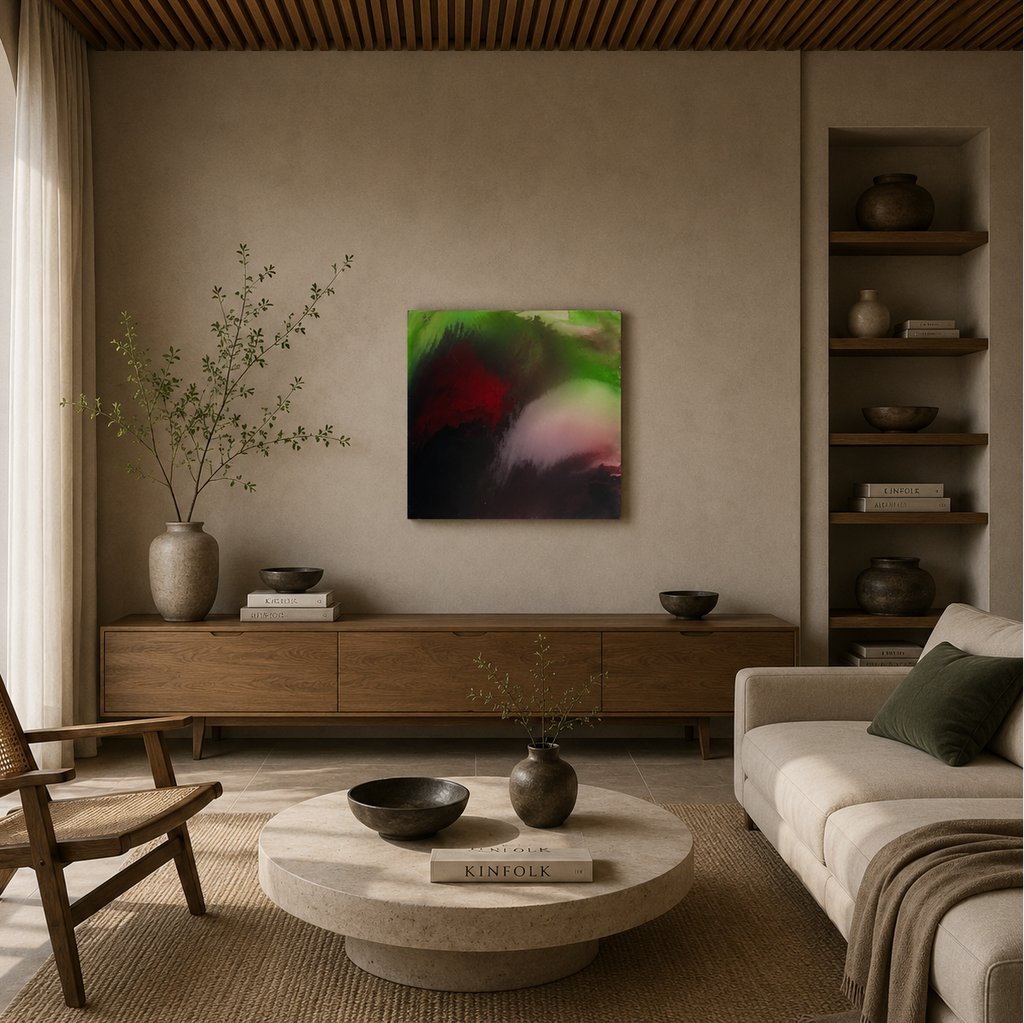 Jade Ember original handmade green and crimson abstract acrylic canvas painting by Artecasso