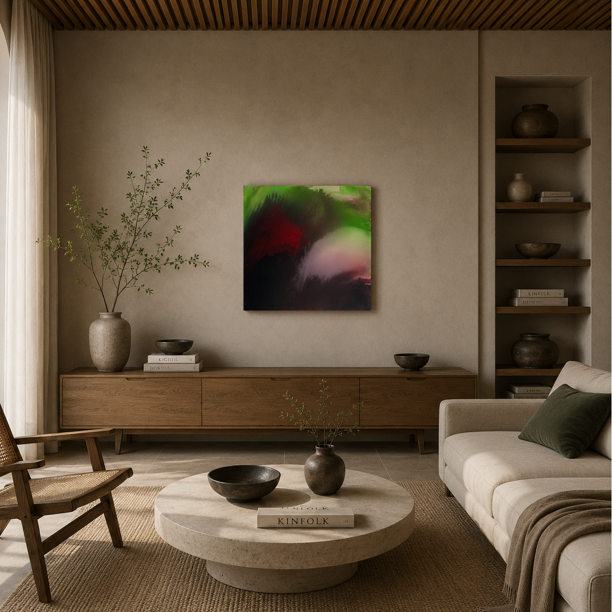 Jade Ember original handmade green and crimson abstract acrylic canvas painting by Artecasso