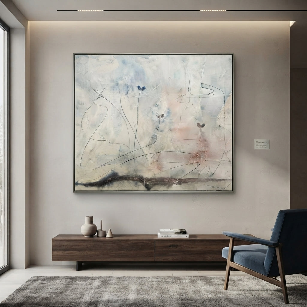 Large blue textured abstract art, 125x145cm, in a brushed aluminum frame, styled in a modern Dubai living room
