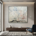 Large blue textured abstract art, 125x145cm, in a brushed aluminum frame, styled in a modern Dubai living room