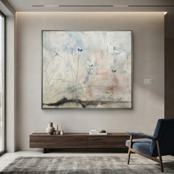 Large blue textured abstract art, 125x145cm, in a brushed aluminum frame, styled in a modern Dubai living room