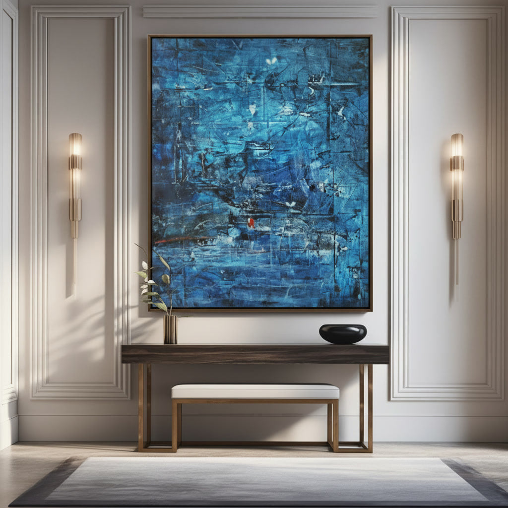 Large handmade abstract painting in Dubai styled as luxury wall art for modern UAE villa interiors