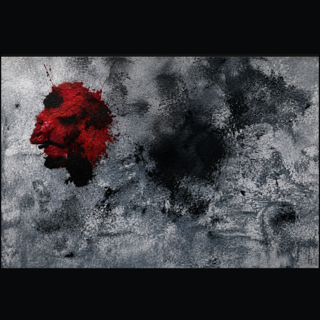 Large textured abstract canvas art with red face silhouette for spacious living room