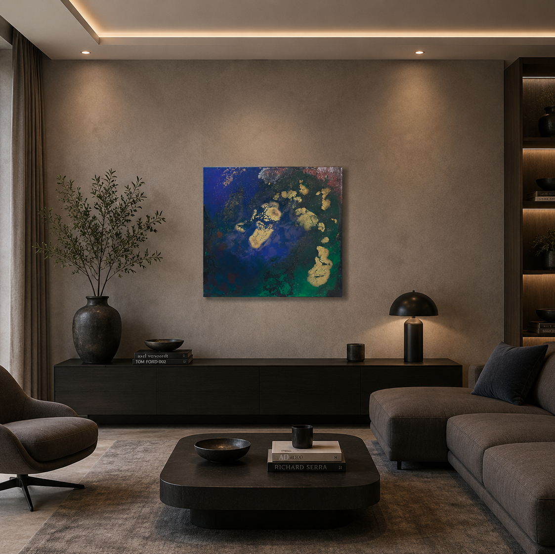 Limited edition handmade wall art in blue, gold and green, 80x80cm, UAE