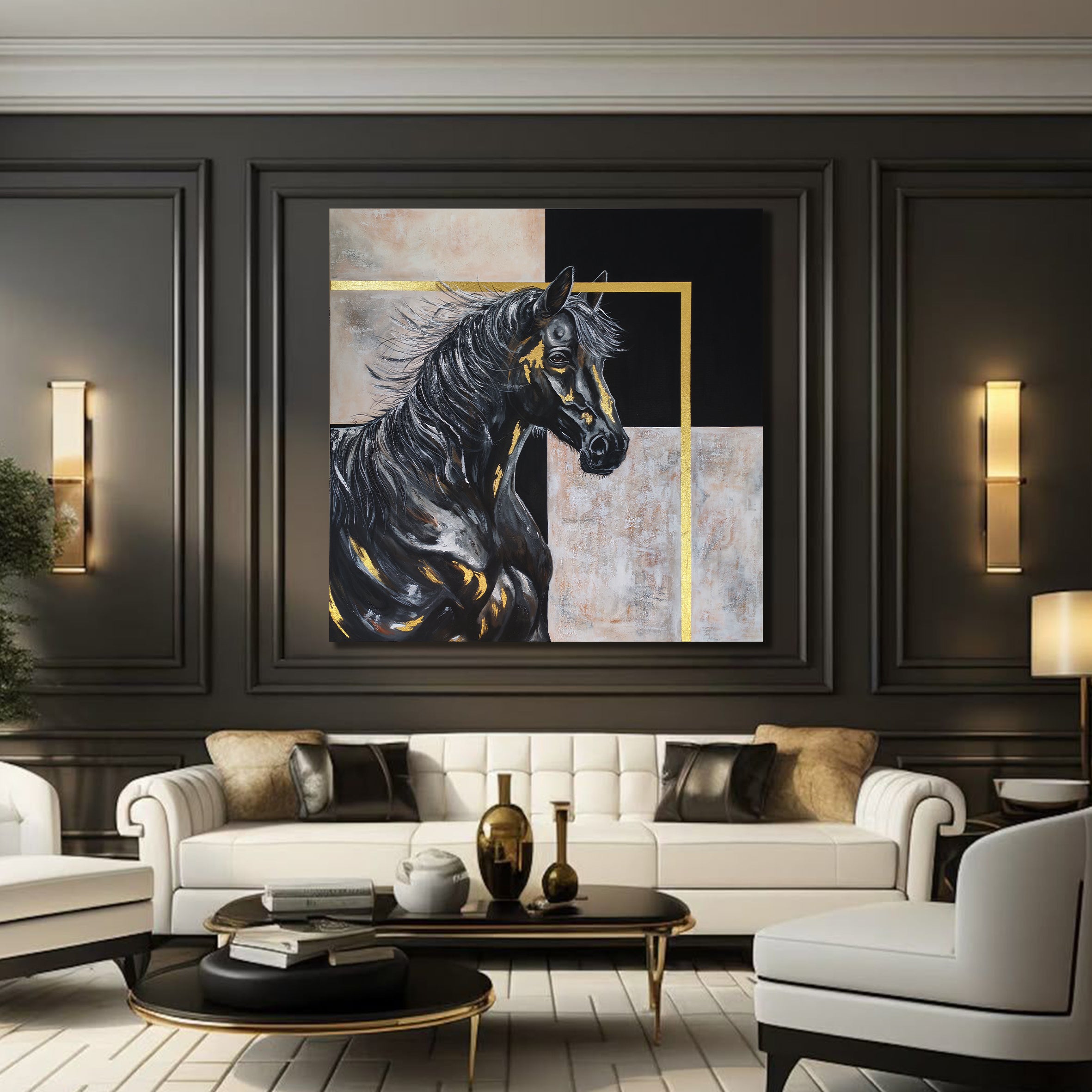 A customized handmade painting of a horse, showcasing the high-quality artwork Dubai collectors seek for luxury interiors.
