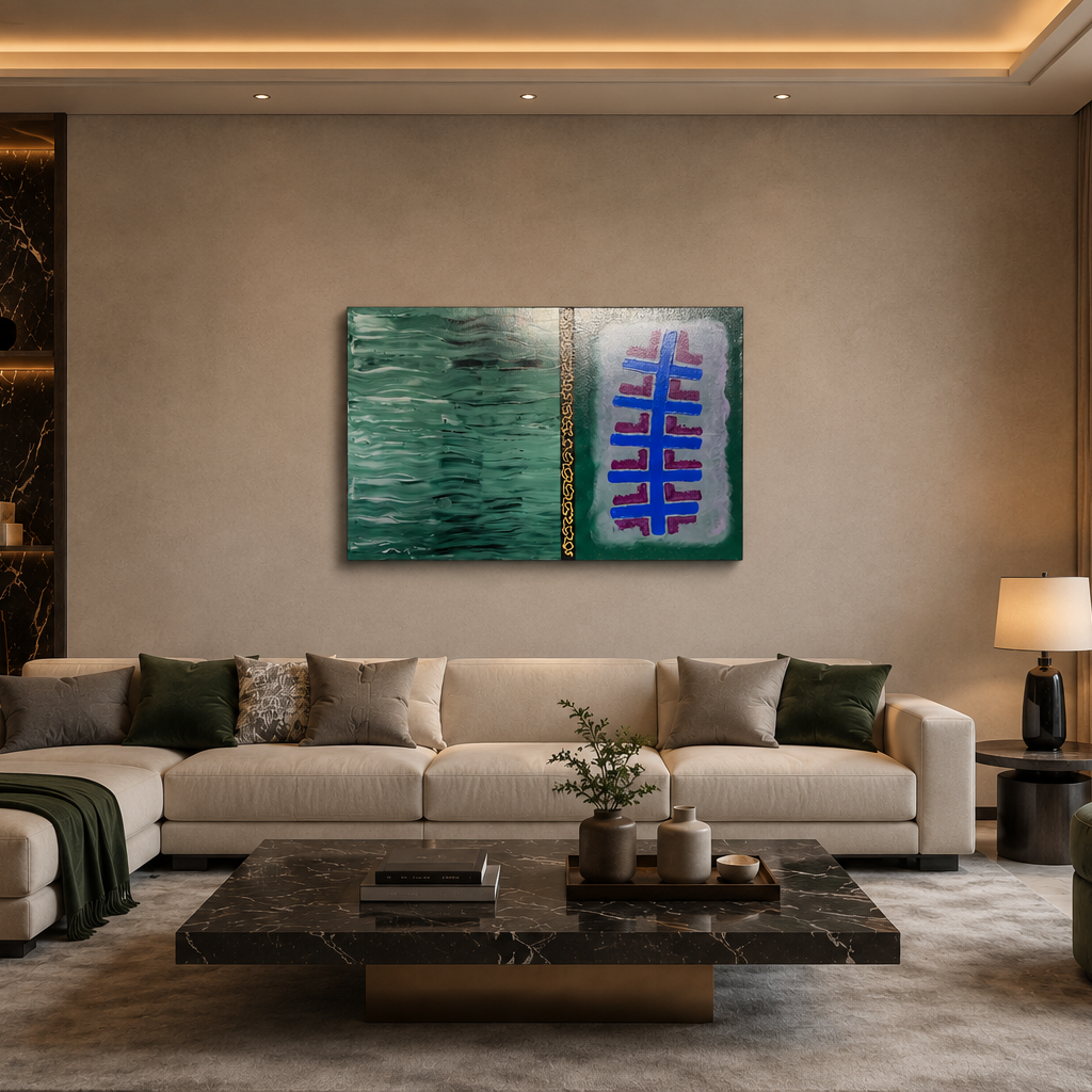 Luxury handmade canvas painting Dubai, original green and blue textured wall art 120x80cm