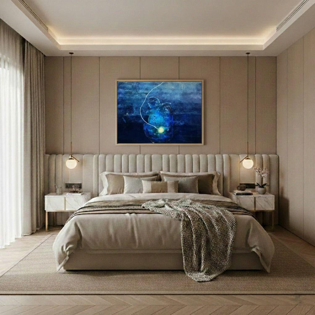 Premium light textured abstract wall art canvas, contemporary neutral painting for luxury bedroom and living room interior styling in Dubai villas