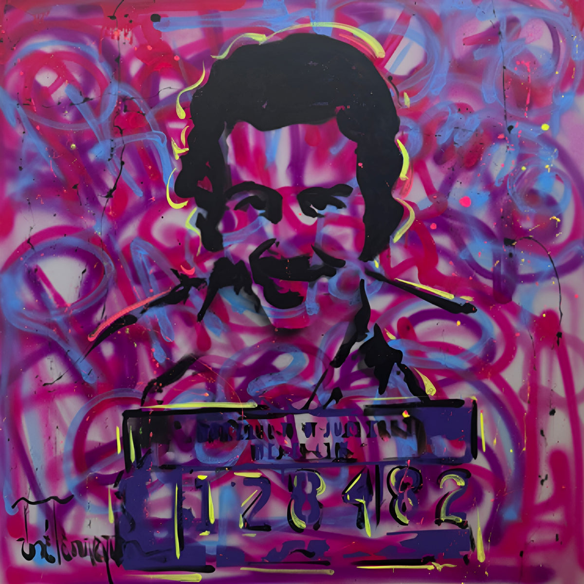 Luxury pop art portrait canvas painting in electric blue, magenta, and neon green, handmade original wall art UAE
