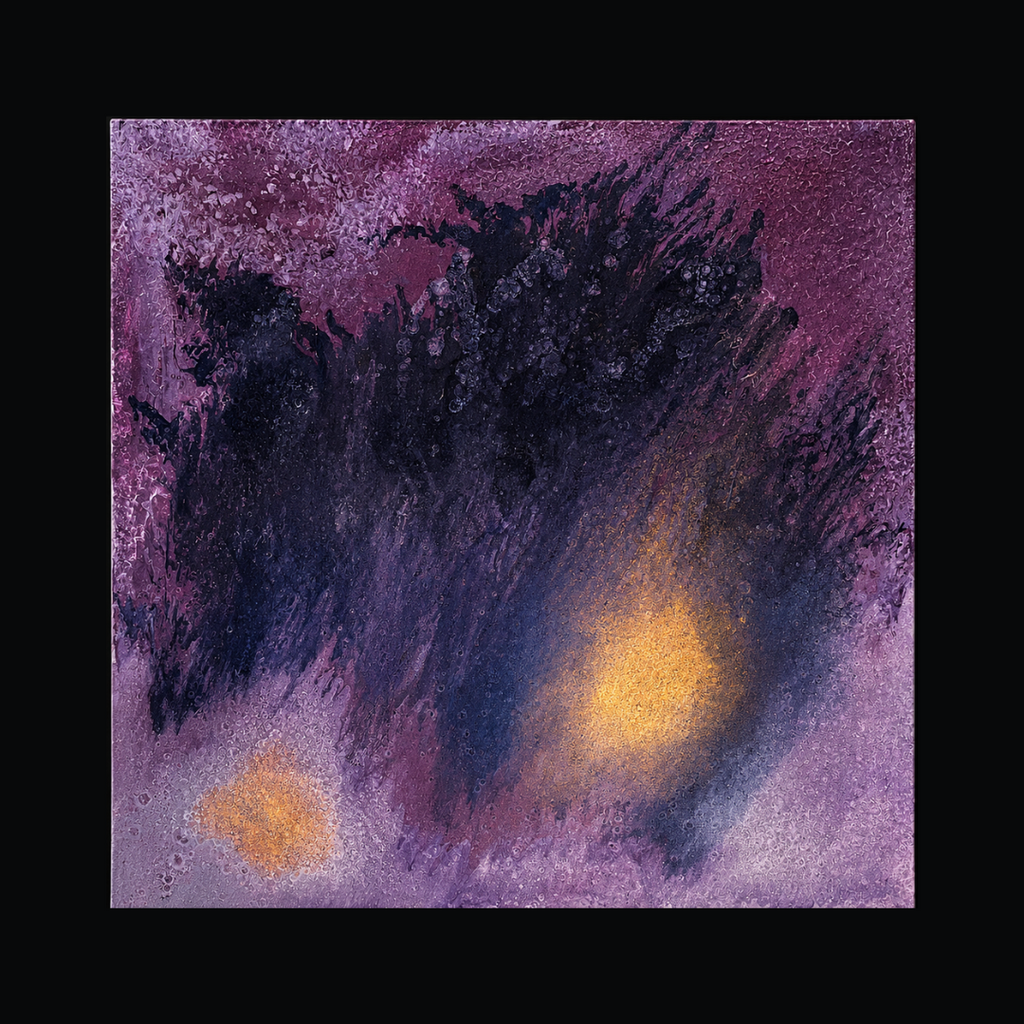 An abstract painting featuring textured purple and black brushstrokes with glowing yellow-orange highlights, presented on a black background.