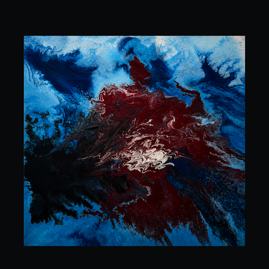 An abstract painting featuring a dramatic swirl of deep red, blue, black, and white paint, presented on a solid black background.  blue-red-abstract-painting-80x80cm-uae-villa-artecasso