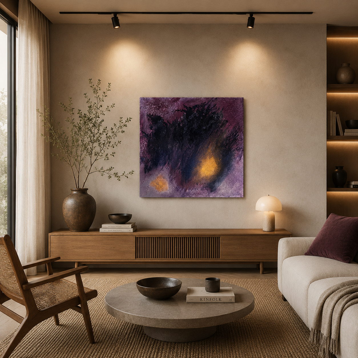 An abstract painting with purple, black, and yellow tones hangs on a beige wall in a modern, stylish living room with a wooden console, a white sofa, and a round coffee table - by artecasso