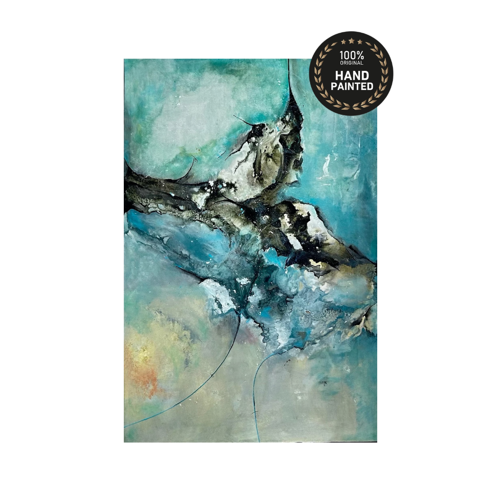 Close-up of marbled charcoal and ivory texture layered over turquoise on the Milky Way original abstract painting