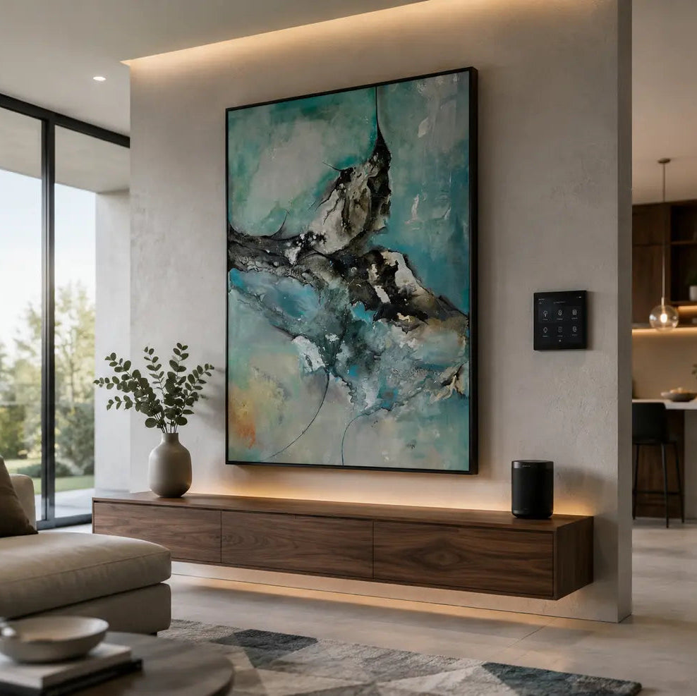 Milky Way original turquoise and charcoal abstract painting in a slim black frame, shown as a styled room visualisation above a walnut floating console in a modern villa living room