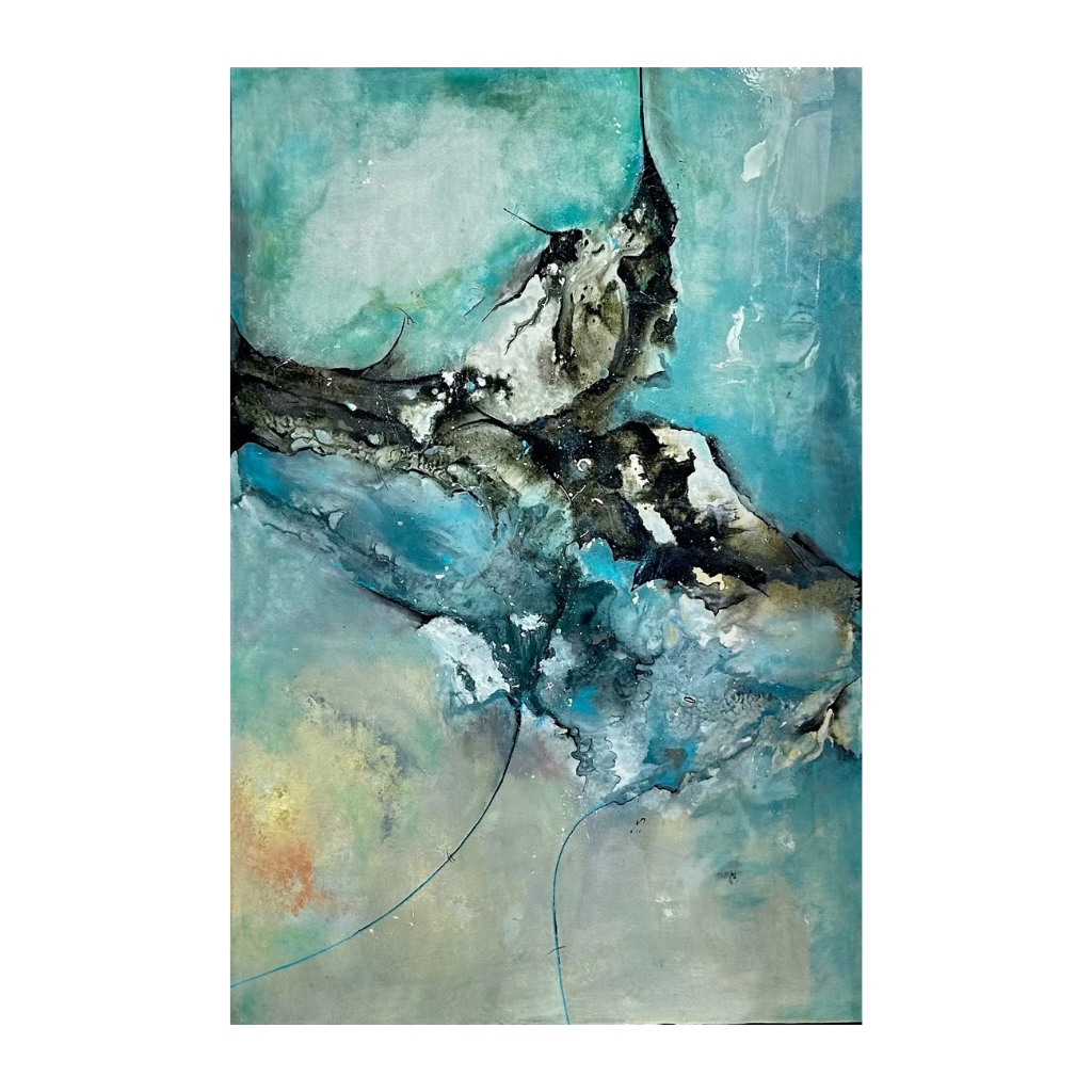 Milky Way one-of-a-kind original abstract painting by C Vosper with turquoise and aqua washes, a dark charcoal current and ivory highlights