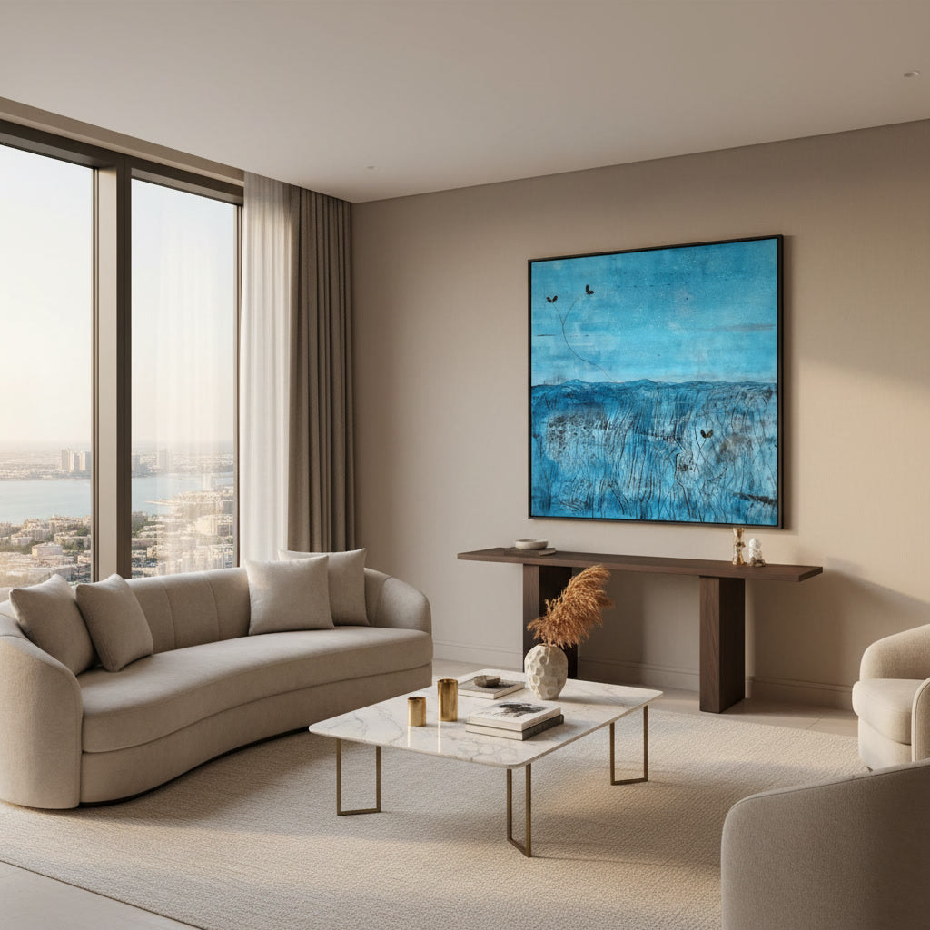 Custom commissioned textured abstract art for Dubai villas, depicting a resilient sprout emerging from shadows, ideal for minimalist living room decor.