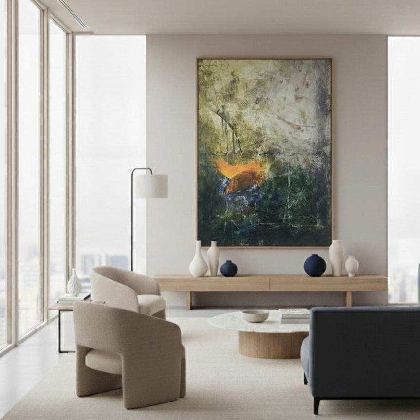 Modern abstract canvas painting displayed in stylish UAE living room interior