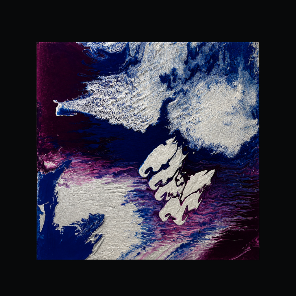 Close-up detail of Nebula Drift painting showing swirling acrylic texture and cosmic color blend