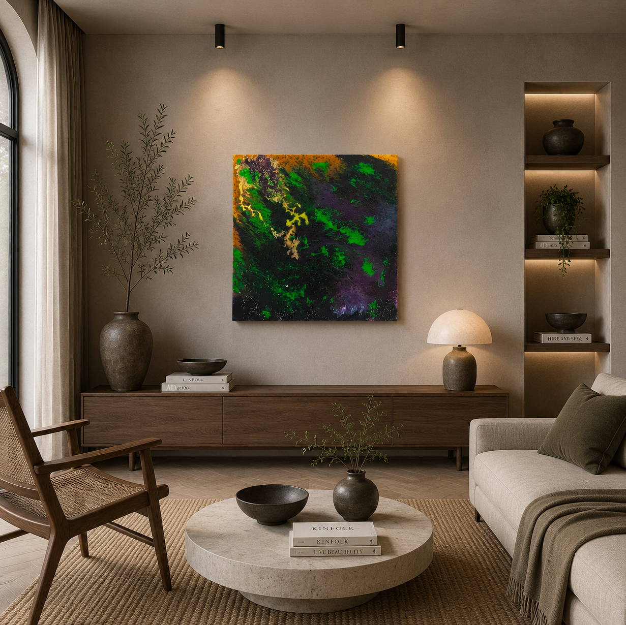 Original abstract painting in green, gold and purple tones, textured mixed media wall art