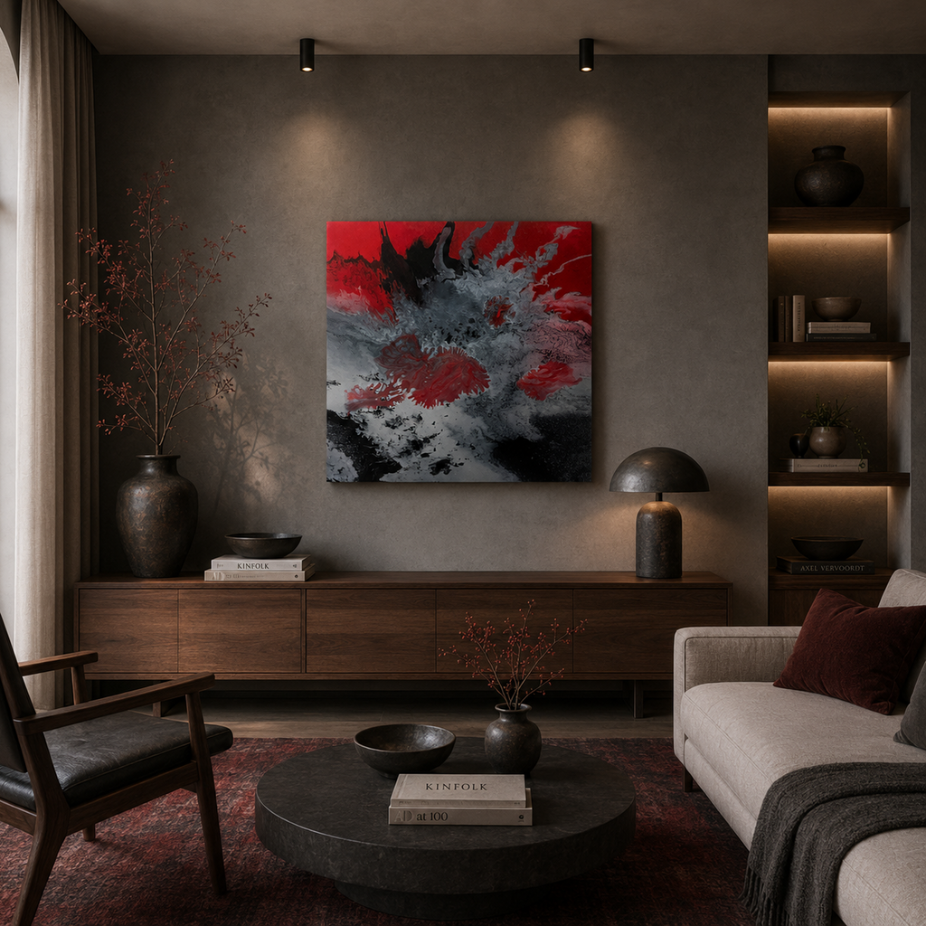 Original abstract painting in red, grey and black tones, hand-poured acrylic wall art