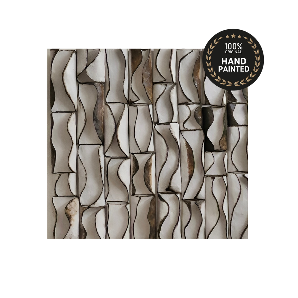 3D ceramic wall art sculpture with hand-formed hourglass column segments in warm cream and bronze glaze, mounted on a living room feature wall1