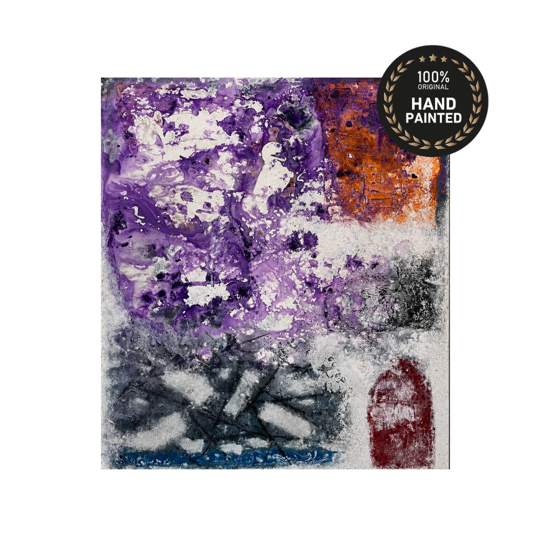 Original handmade abstract painting in purple, orange and red, 120x80cm