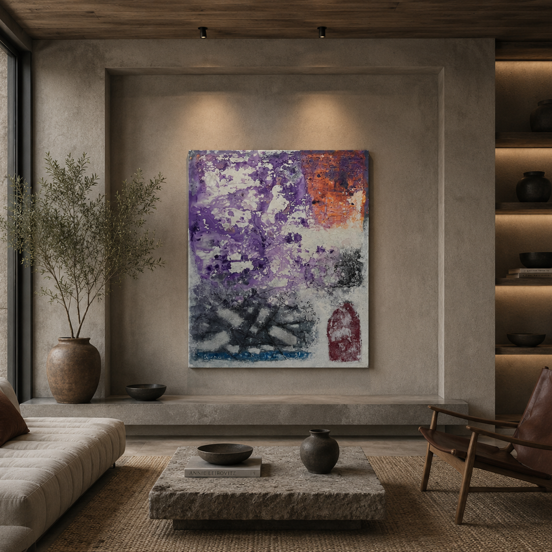 Original handmade abstract wall art displayed in modern UAE villa interior