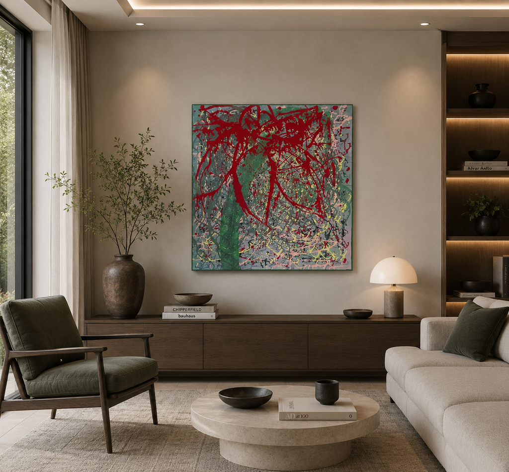 Original handmade painting in bold red and green, 100x100cm, Dubai