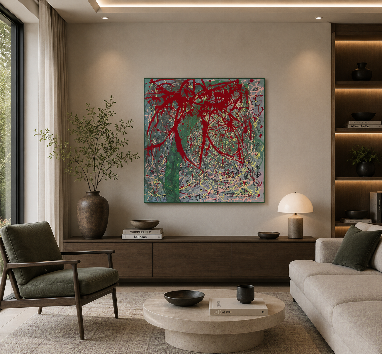 Original handmade painting in bold red and green, 100x100cm, Dubai