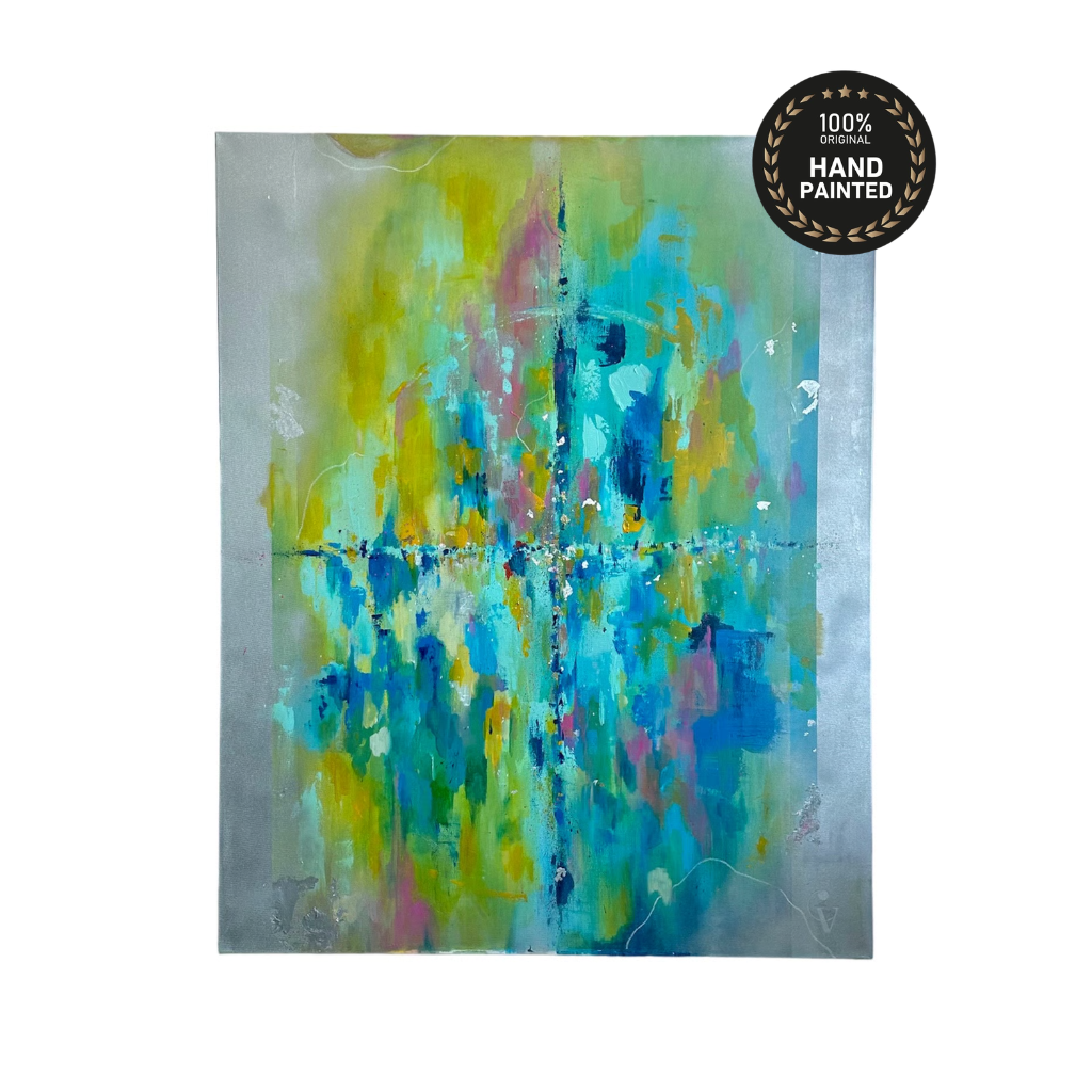 Close-up of layered brushstrokes, drips and coral pink accents in turquoise and cobalt on the Penelope abstract painting