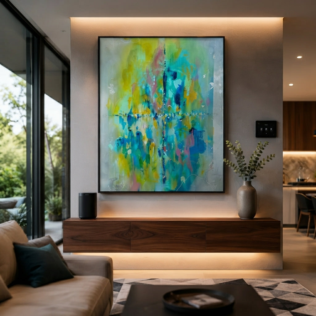 Penelope abstract painting in turquoise, chartreuse and cobalt with a slim black frame, hung above a walnut floating console in a modern villa living room