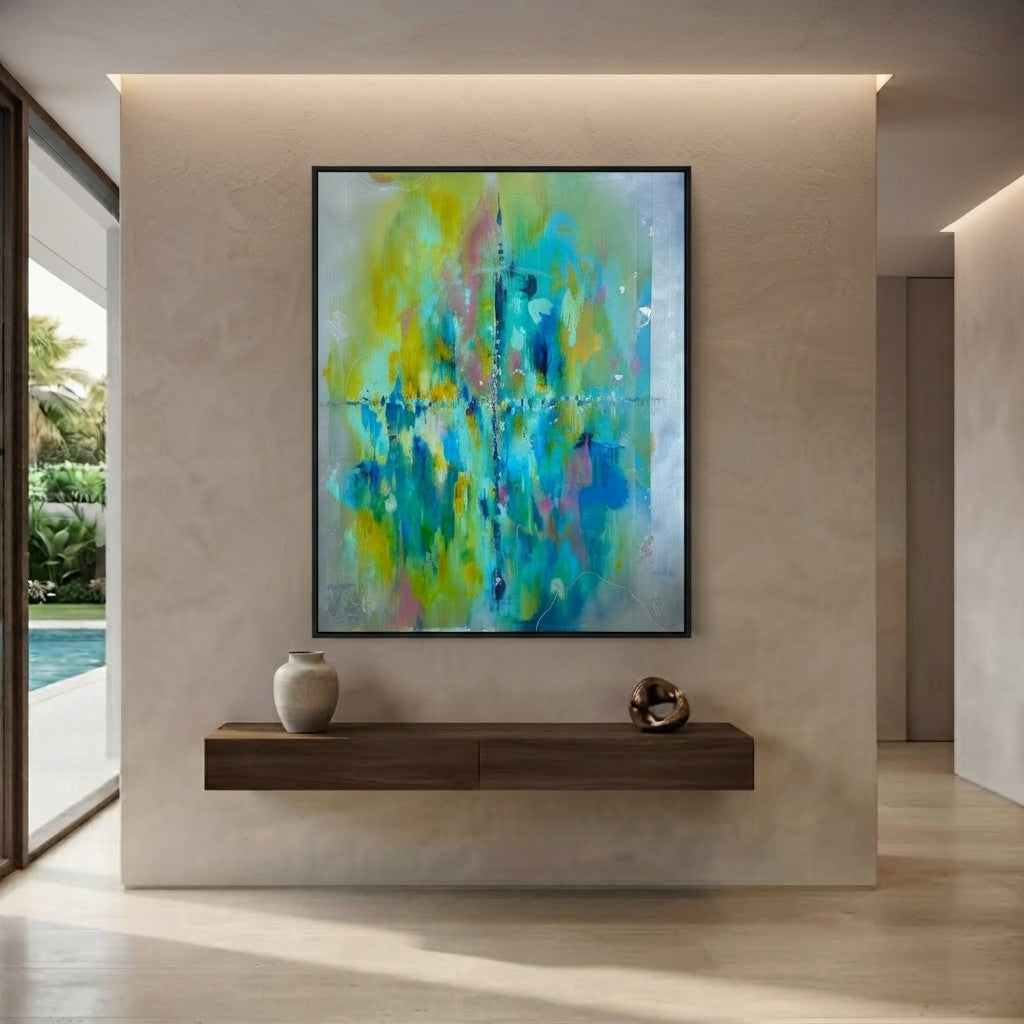 Penelope abstract painting in turquoise, chartreuse and cobalt with a slim black frame, hung above a walnut floating console in a modern villa living room