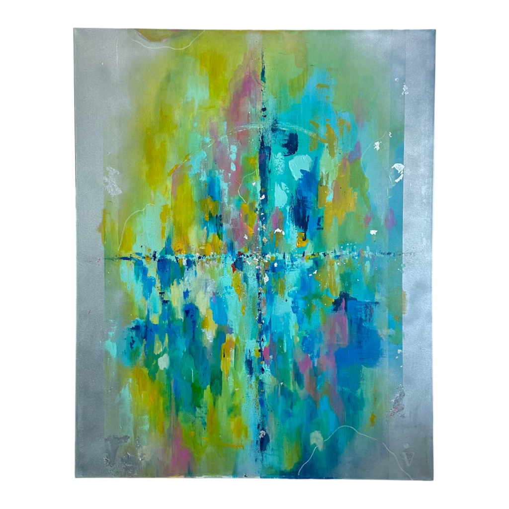 Penelope original handmade abstract painting with layers of turquoise, chartreuse and cobalt crossed by a vertical indigo line, in a slim black frame