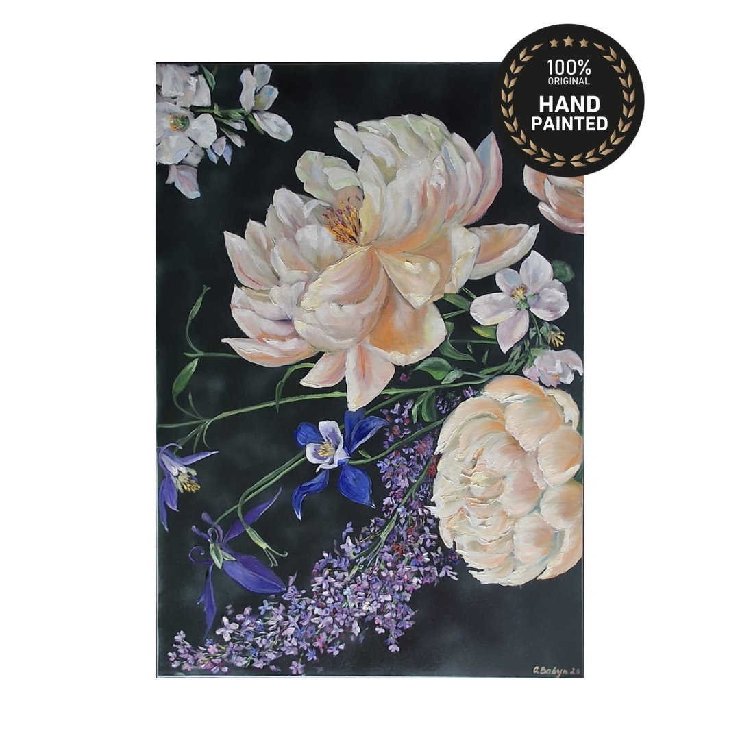 Pink and emerald floral oil painting, handmade luxury wall art canvas