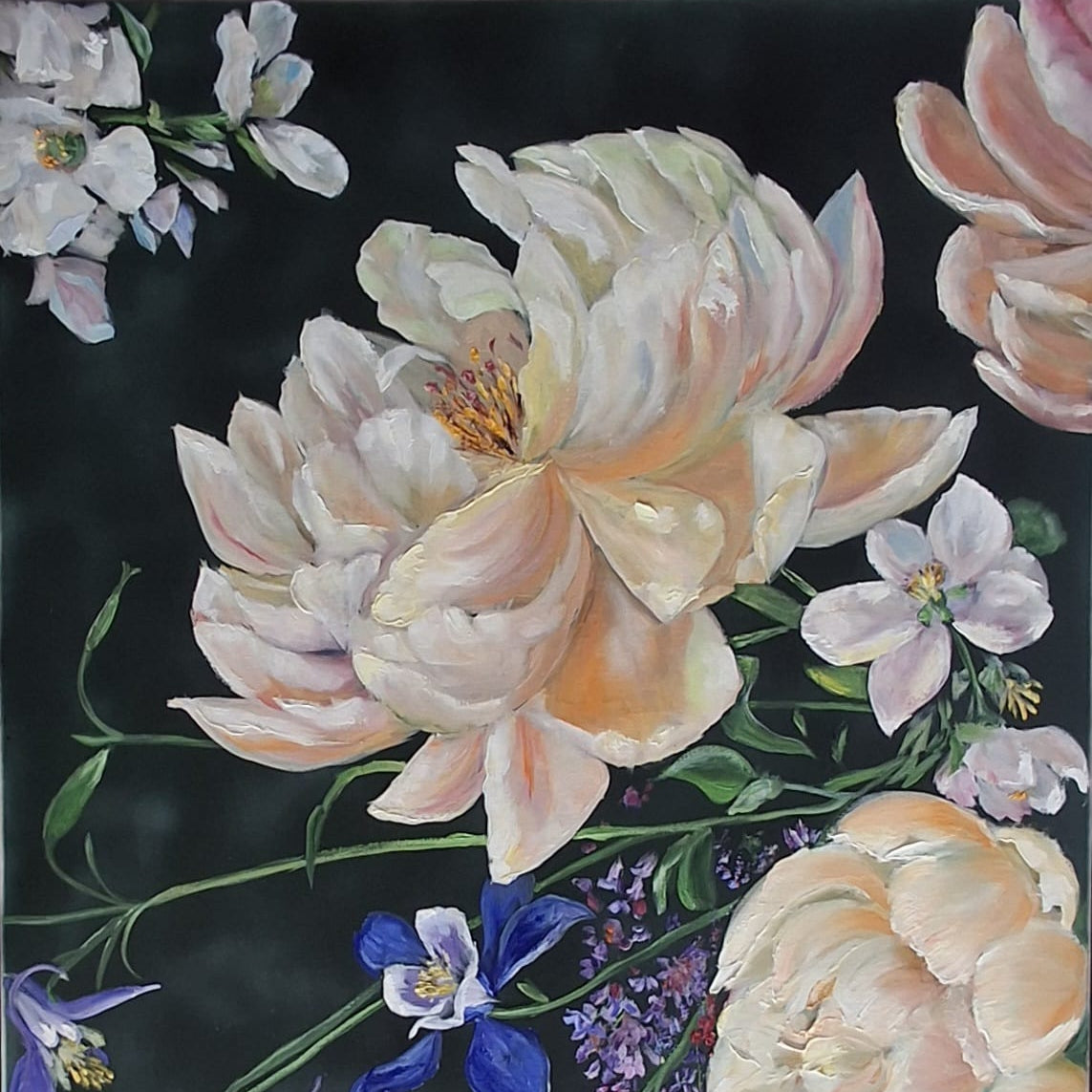 Close-up of velvety pink blossom brushwork on emerald oil painting