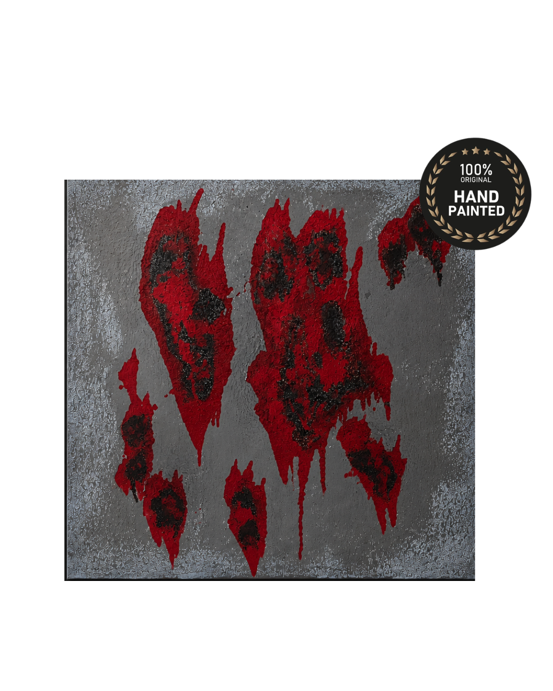 Close-up of hand-textured original wall art surface, red and black abstract detail