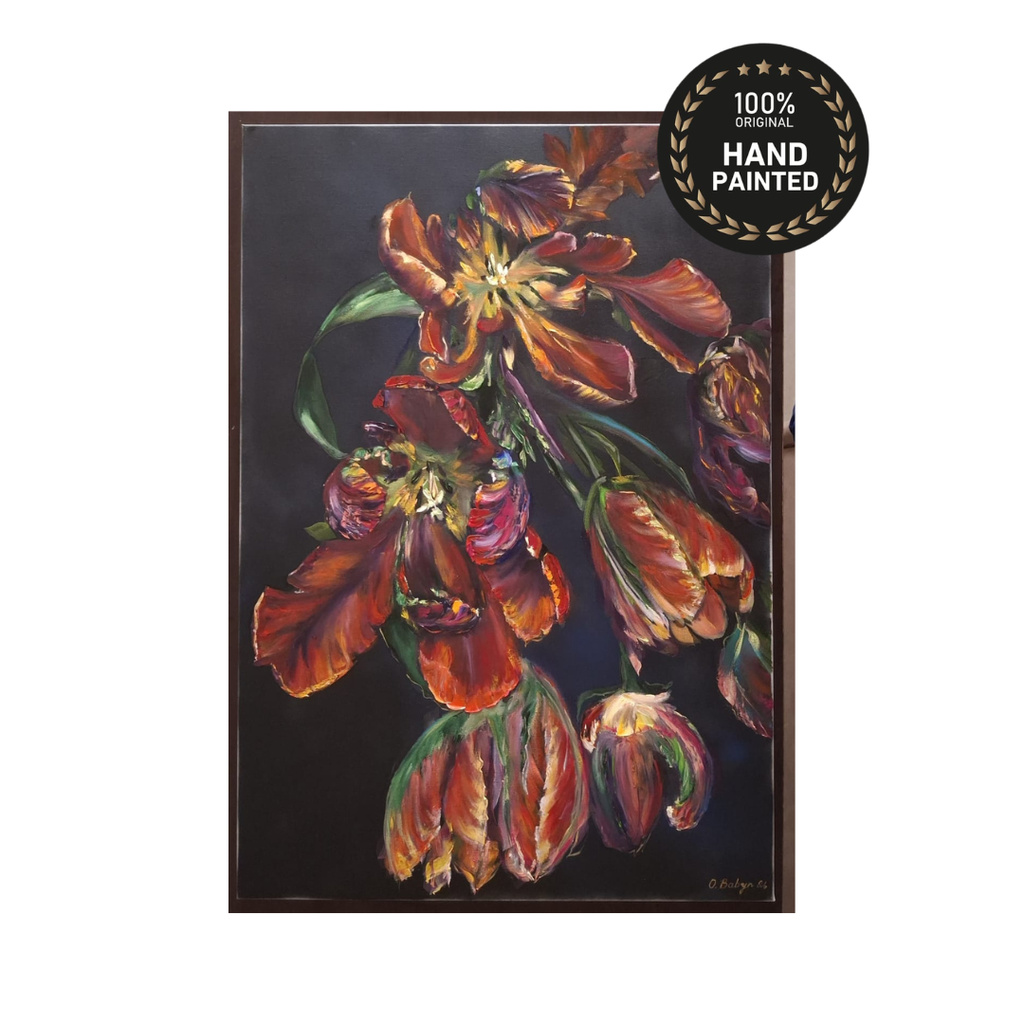 Original crimson tulip floral wall art in a UAE villa interior