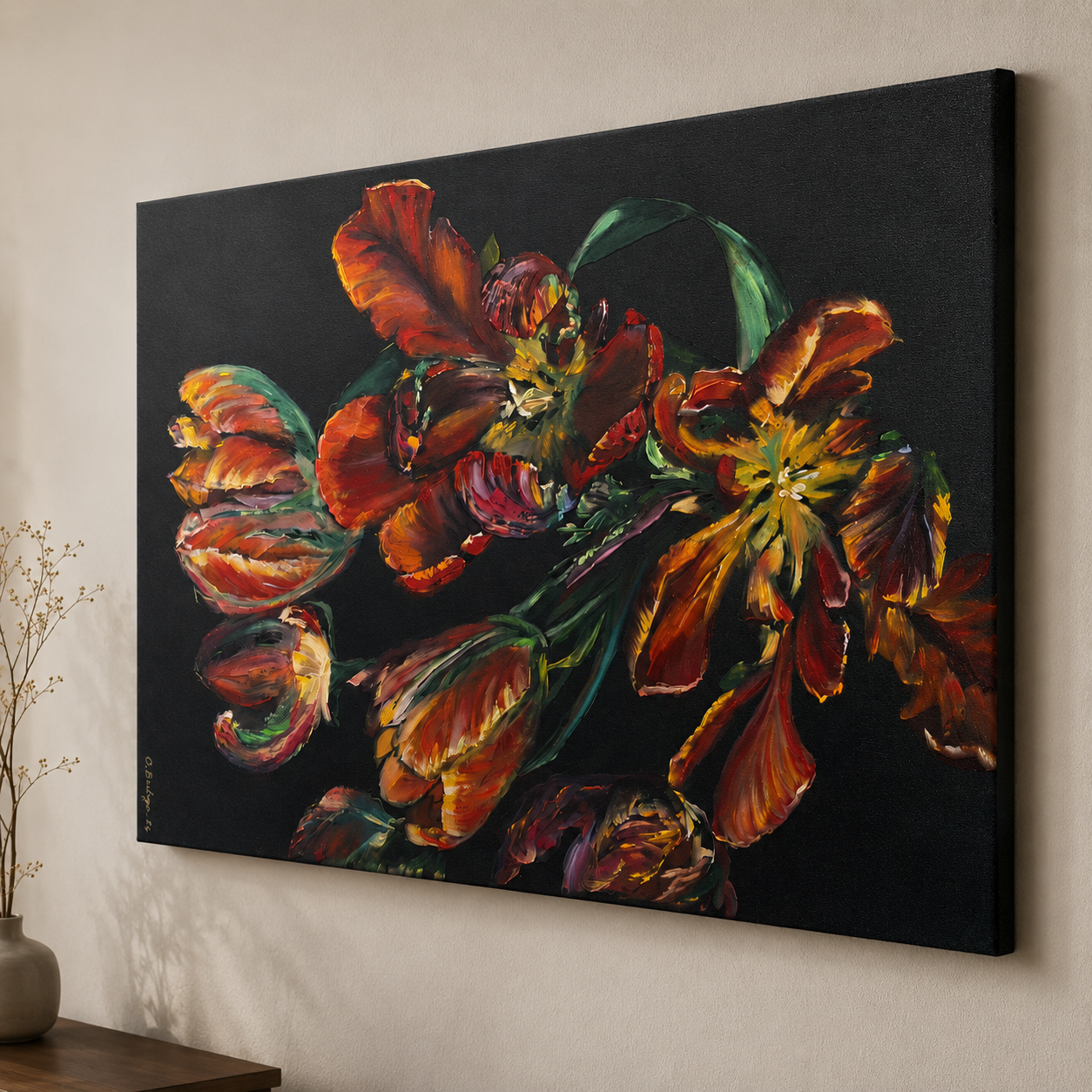 Dramatic red tulip canvas painting styled above a bedroom headboard