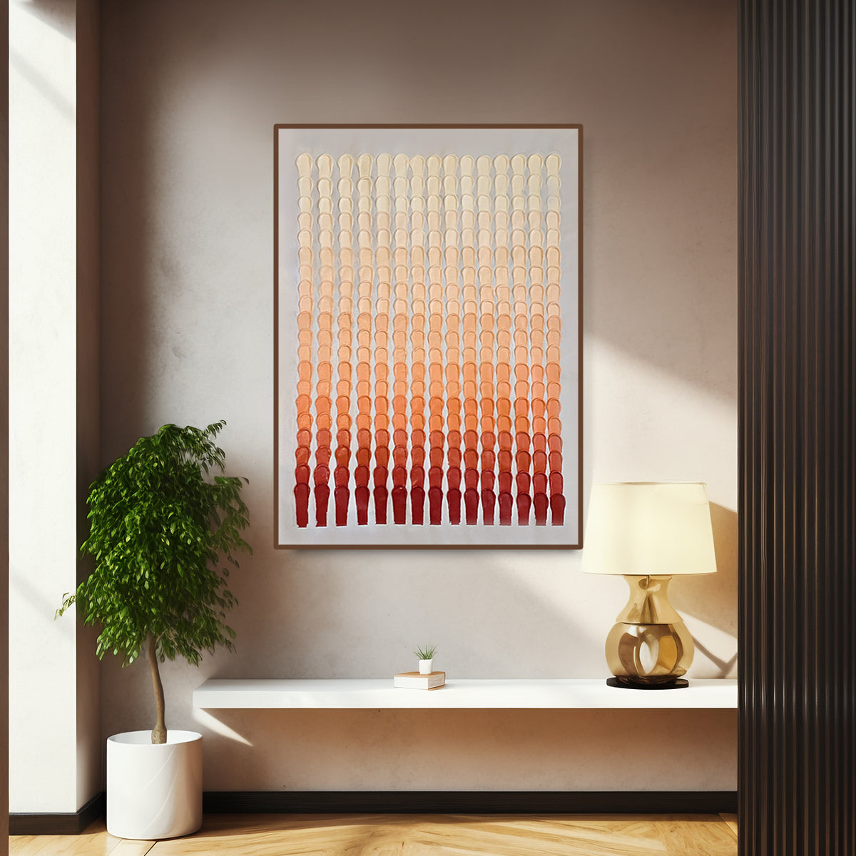Rising Warmth 3D textured warm gradient painting in a contemporary living room — handmade abstract wall art in rich reds and soft neutrals for modern home interiors