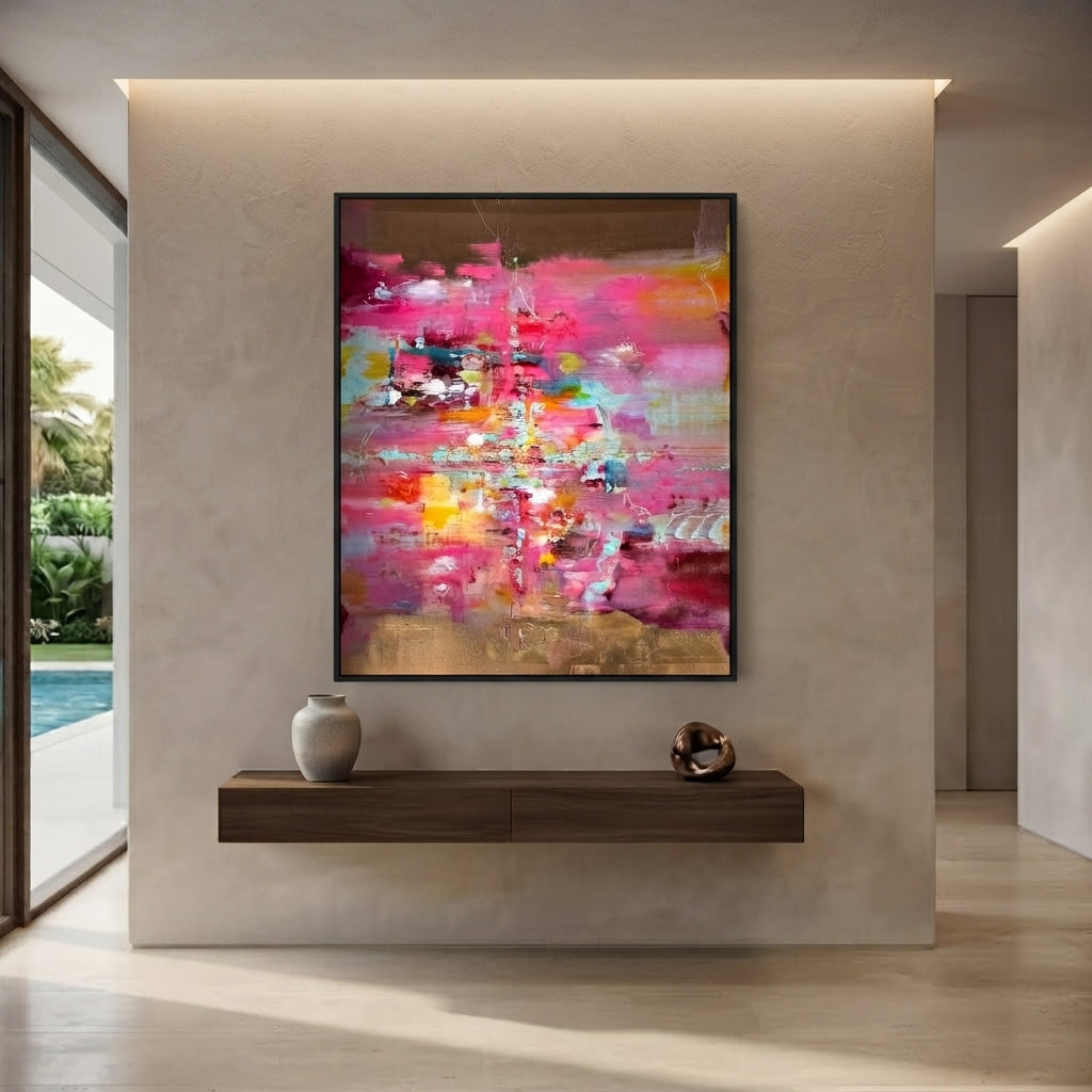 Rose original abstract painting by C Vosper in fuchsia pink, turquoise and mustard yellow with bronze gold leaf bands at the top and bottom