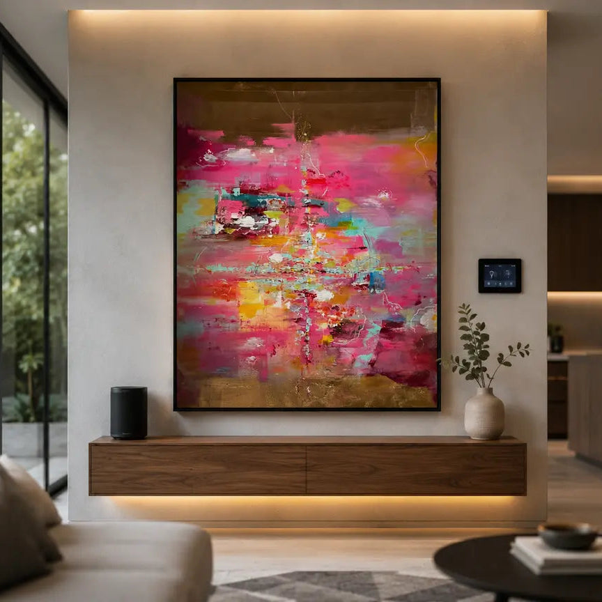 Rose original abstract painting by C Vosper in fuchsia pink, turquoise and mustard yellow with bronze gold leaf bands at the top and bottom