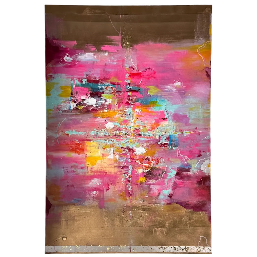 Rose pink and gold leaf abstract painting hung as a statement piece on a neutral wall in a modern villa living room