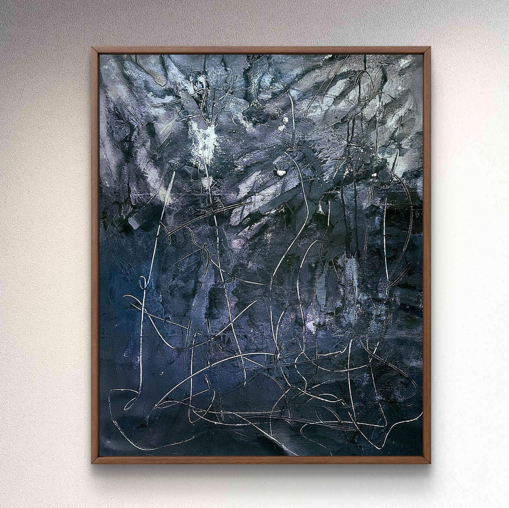 Abstract painting in deep blue and earthy tones with expressive linework, quiet contemplative wall art for modern interiors