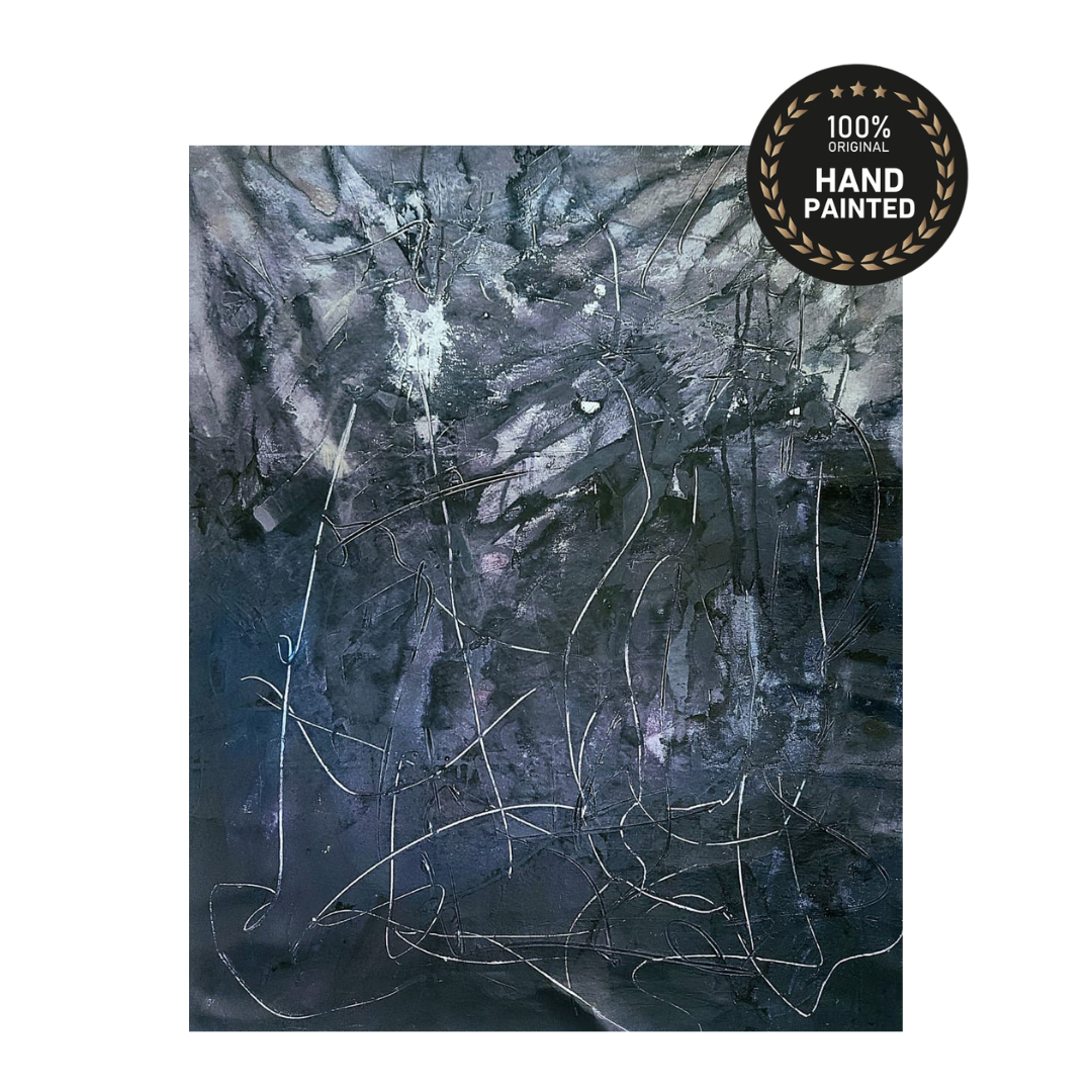 Large textured abstract wall art in deep indigo and slate-grey with luminous white fissures and silver linework, ideal for modern living room or villa interiors