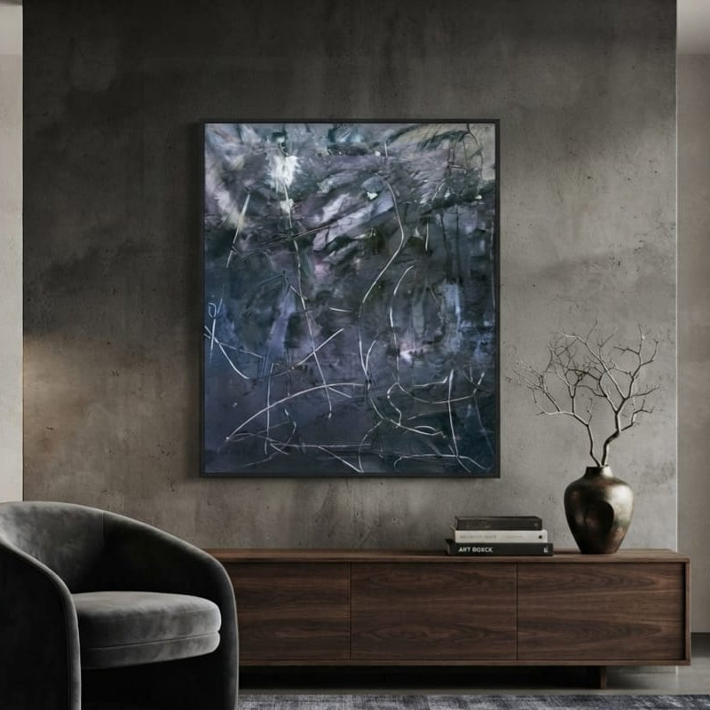 Contemporary abstract painting in charcoal, raw earth tones, and off-white with expressive gestural strokes, statement piece for sophisticated interiors