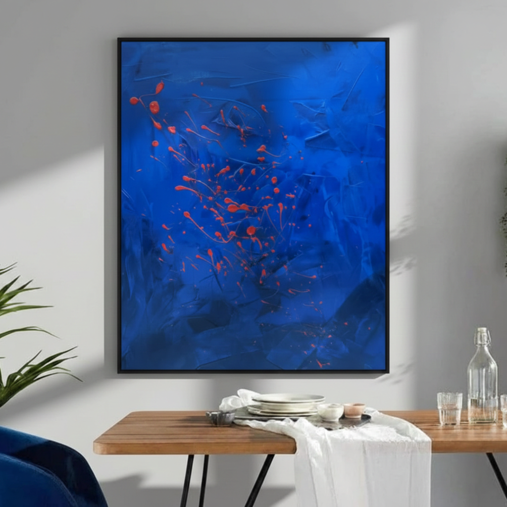 Silent Sparks minimalist emotional abstract canvas painting displayed in a modern Dubai living room, perfect for luxury UAE interiors.