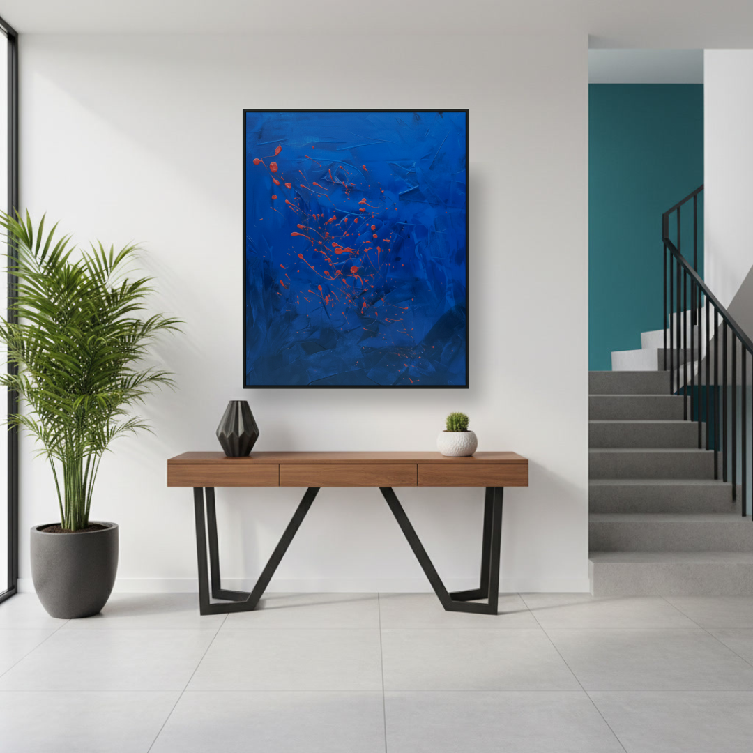 Silent Sparks minimalist emotional abstract canvas painting displayed in a modern Dubai living room, perfect for luxury UAE interiors.